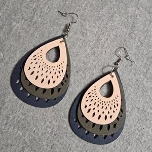 Boutique Triple Layer Tan-Brown & Grey Boho Lightweight Wooden Earrings